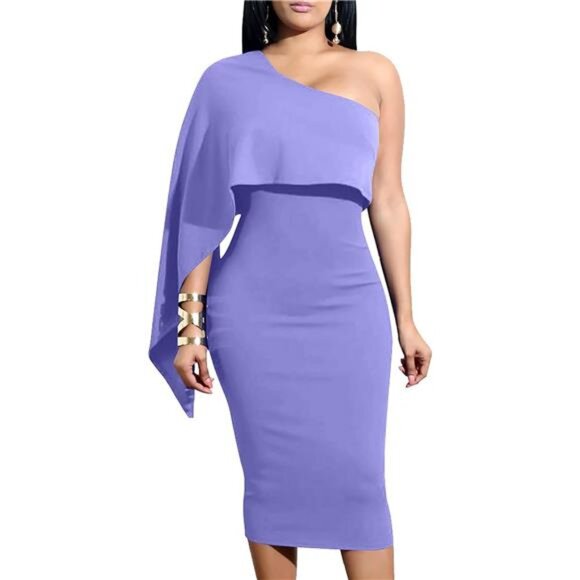 Women's Sexy One Shoulder Ruffle Bodycon Dress Light Purple - Picture 1 of 7